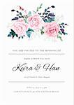 Fresh and light wedding invitation with a bouquet of roses, leaves and spring plants. Elegant vertical card template. Vector illustration.