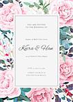 The classic design of a wedding invitation with flowering roses, plants, white flowers and leaves. Elegant vertical card template. Vector illustration.