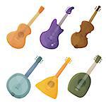 Musical stringed instruments in cartoon style guitar, violin, balalaika, lute - vector