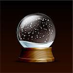 Snow globe with falling snowflakes. Realistic transparent glass sphere on wooden pedestal. Magic glass sphere on dark background. Vector illustration EPS 10