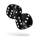 Black dice with white pips. Two black falling dice isolated on white. Casino gambling template concept. Vector illustration
