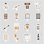 Medical and healthcare sticker icons set like Doctor, Health treatment, blood transfusion, cardiogram, prescription. Vector illustration