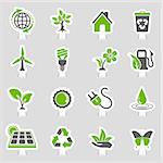 Collect Environment Icons Sticker Set with Tree, Leaf, Light Bulb, Recycling Symbol. Vector in two colours illustration