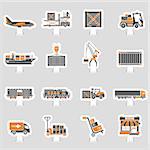 Cargo Transport, Packaging, shipping and logistics two color sticker Icon Set such as Truck, air cargo, Train, Shipping. Vector illustration