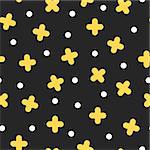 Seamless golden cross pattern in retro memphis style, fashion 80s - 90s. Abstract colored background.