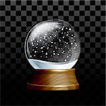 Snow globe with falling snowflakes. Realistic transparent glass sphere on wooden pedestal. Magic glass sphere on transparent background. Vector illustration EPS 10