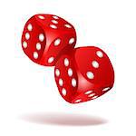 Red dice with white pips. Two red falling dice isolated on white. Casino gambling template concept. Vector illustration