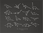 Set of dinosaurs in flat origami style tyrannosaurus, pterodactyl, barosaurus, stegosaurus, deinonychus, euoplocephalus, triceratops drawing with grey lines on black background