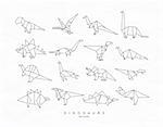 Set of dinosaurs in flat origami style tyrannosaurus, pterodactyl, barosaurus, stegosaurus, deinonychus, euoplocephalus, triceratops brachiosaurus drawing with black lines on white background
