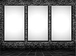 3D render of blank pictures hanging in a grunge interior with brick wall and tiled floor