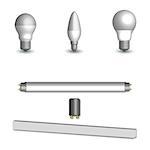 Set of various photorealistic light-emitting diode and fluorescent light bulbs. Elements for the design of electrical components. 3d style, vector illustration.