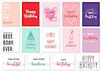 Birthday cards with hand-drawn graphic design elements, vector set