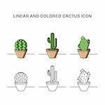 A linear and colored cactus icon in the pot. Flat design, web icon, graphics