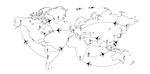 Black and white world map with aircrafts and their tracks isolated on white background. Vector illustration.
