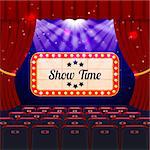 Show Time Concept. Cinema and Theatre hall with seats and Signboard. Vector illustration