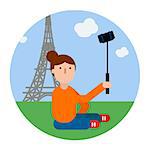 Traveler girl makes selfie by Eiffel tower, vector illustration