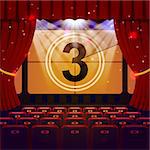Show Time Concept. Cinema and Theatre hall with seats and countdown on screen. Vector illustration