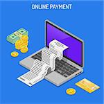 Laptop with Check, Credit Cards and Money. Internet Shopping and Online Electronic Payments Concept. Isometric icons. Isolated vector illustration