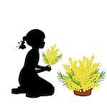 Silhouette girl holds mimosa. Mothers day. Vector Illustration