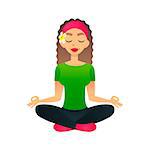 Cartoon young beautiful girl practicing yoga in a lotus pose. Flat vector women meditates and relaxes. Physical and spiritual therapy concept. Mind body spirit. Lady in lotus position.
