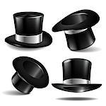 Set of black magician cylinder hats with white ribbon. Magic hats isolated on white background. Vector illustration