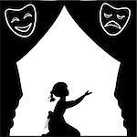Silhouette girl plays the stage. World theatre day. Vector illustration