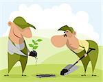 Vector illustration of gardeners planting a plant