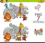 Cartoon Illustration of Finding Seven Differences Between Pictures Educational Activity Game for Kids with Safari Animal Characters Group