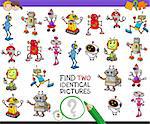 Cartoon Illustration of Finding Two Identical Pictures Educational Activity Game for Children with Robot Characters