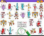 Cartoon Illustration of Finding Two Identical Pictures Educational Activity Game for Children with Robot Fantasy Characters