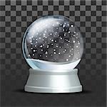 Snow globe with falling snowflakes. Realistic transparent glass sphere on white pedestal. Magic glass sphere on dark background. Vector illustration EPS 10