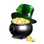 St. Patricks Day symbols - green leprechaun hat with clover on black iron pot full of goldand stack of coins near. Vector illustration isolated on white background.