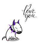 Cute vector cartoon dog. White Bull Terrier in love. I love you lettering