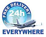 Free delivery sign. White commercial airplane in front of large world globe.