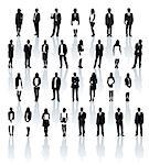 Large set of black and white silhouettes with shadows. Businesspeople: men and women.
