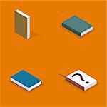 Set of icons, collection of various books isolated on yellow background. Elements design of printed materials. Flat 3d isometric style, vector illustration.