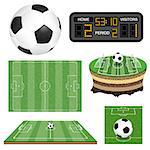 Set soccer football field with ball, scoreboard, flag, and goal. Realistic and flat icons. Isolated vector illustration