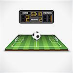 Soccer football field with ball, soccer scoreboard, flag, and goal. Realistic and flat icons. Isolated vector illustration