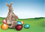 Easter Background with Two Brown Bunnies and Colorful Eggs in Spring Landscape - Colored Illustration, Vector