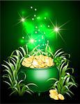 Green iron cauldron full of gold coins with mystic bright light in grass on dark background. Stack of gold coins near the green pot. St. Patricks Day symbol. Vector illustration.