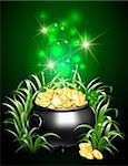 Black iron cauldron full of gold coins with mystic bright light in grass on dark background. Stack of gold coins near the pot. St. Patricks Day symbol. Vector illustration.