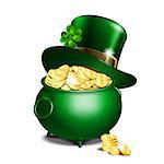 St. Patricks Day symbols. Green leprechaun hat with clover leaf on pot full of gold. Vector illustration isolated on white background