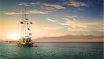 Sailboat and yachts in the sea at sunny sunset