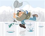 Vector illustration of man fishing in the winter