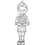 drawing of a little boy in a butterfly and shorts with suspenders with a bouquet of flowers to his teacher at school, to mam, to girl