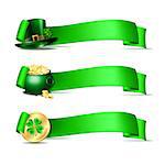 Patricks Day banners. Green ribbons with green leprechaun top hat, pot full of gold coins and golden coins of leprechaun with clover. Vector illustration isolated on white background