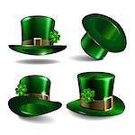 Set of green leprechaun hats with clover leaf isolated on white background. St. Patricks Day symbols. Vector illustration