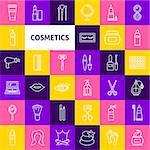 Vector Cosmetics Line Icons. Thin Outline Beauty Symbols over Colorful Squares.