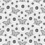 Butterflies and poppies seamless vector pattern. Black and white hand drawn background.