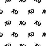 Seamless pattern with xoxo words. Brush stroke black and white repeat vector background.